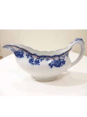Antique Flow Blue Royal Staffordshire Davenport Gravy Boat with Gold Trim